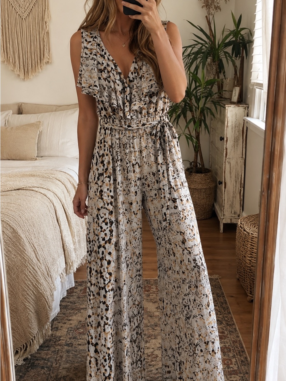 bebe Cream Printed Wide-Leg Jumpsuit with Tie Waist